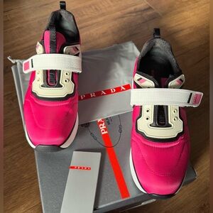 PRADA-AUTHENTIC (Preloved) Women's Pink/Black Nylon & Leather Sneakers